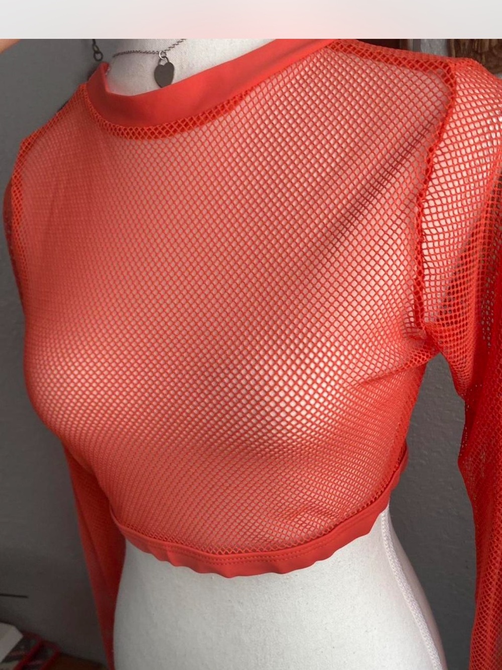 Missguided + Orange Mesh Long Sleeve Crop Top - Picture 2 of 4